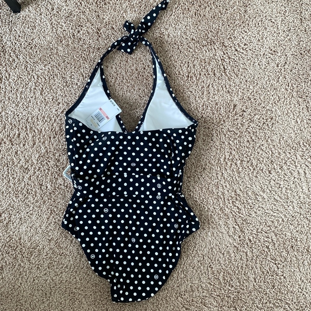 Michael Kors Dot V-Neck Tie Swimsuit Size 10 Halter Belt Black One-Piece NWT - Picture 11 of 11
